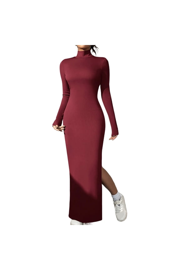 Drses Womens Wedding Guest Dress Solid Color Casual High Collar Long Sleeve Slim Basic Fishtail Dress Cocktail Dresses For Women