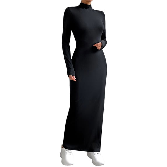 Drses Womens Wedding Guest Dress Solid Color Casual High Collar Long Sleeve Slim Basic Fishtail Dress Cocktail Dresses For Women