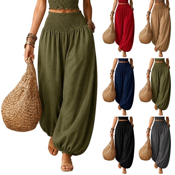 Drsfit Women's High Waist Casual Pants Loose Fit Commuter Trousers with Pockets,Fall Solid Color Elastic Waist Lounge Pants S