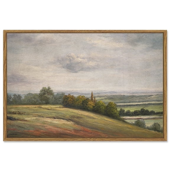 Drsoum 16x24in Landscape Canvas Vintage Classical Framed Paints White Clouds Over Vast Grassland Room Decor - Natural Framed