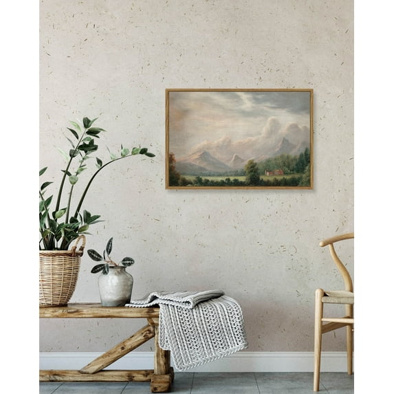 Drsoum 16x24in Landscape Wall Art Vintage Classical Village Painting Grassland Mountains Farmhouse Prints Room Decor - Natural Framed