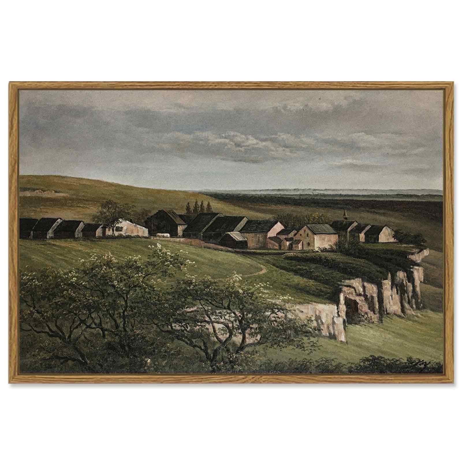 Drsoum 16x24in Landscape Wall Art Vintage Classical Village Painting Grassland Village Farmhouse Prints Room Decor - Natural Framed