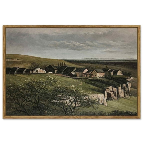 Drsoum 16x24in Landscape Wall Art Vintage Classical Village Painting Grassland Village Farmhouse Prints Room Decor - Natural Framed