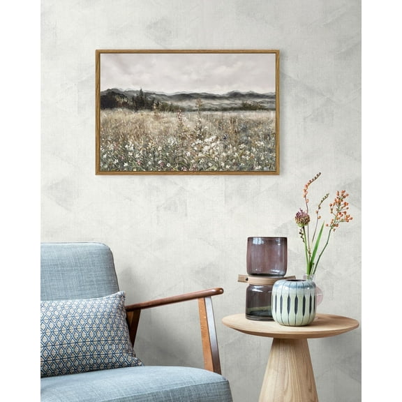 Drsoum Retro Scenery 16x24in Framed Meadow with Flowers Landscape Painting Modern Farmhouse Decor for Living Room
