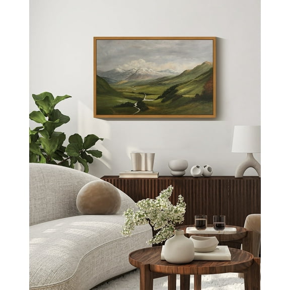 Drsoum 16x24in Vintage Landscape Wall Art Classical Framed Painting Mountain Range Valley Nature Wilderness Room Decor