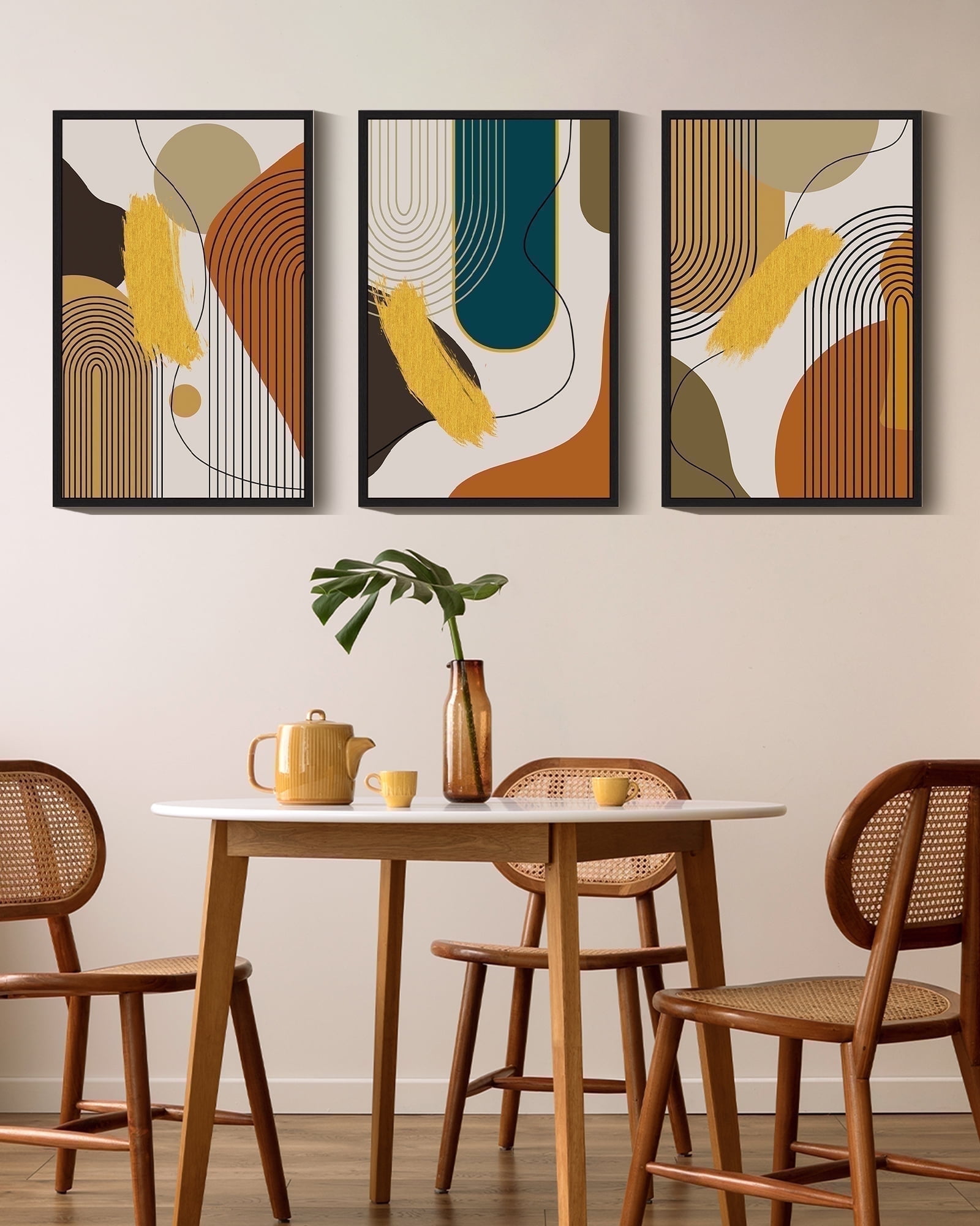 Drsoum 16x24in3pcs Black Framed Boho Abstract Wall Art Modern Minimalist Luxury Gold Line Artwork Decor