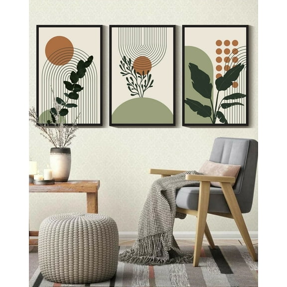 Drsoum 16x24in3pcs Black Framed Boho Plant Wall Art Green Botanical Bohemain Wall Printing Abstract Canvas Prints with Leaf & Sun Lines Decor