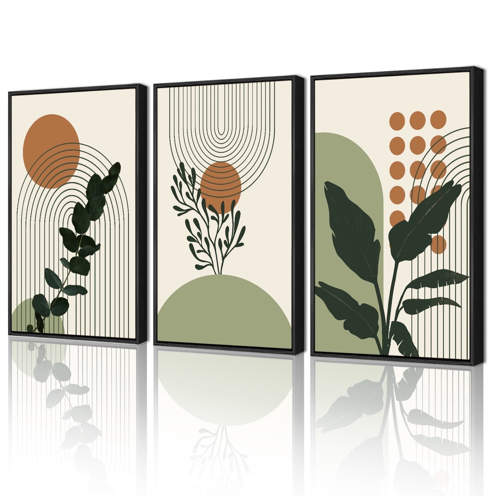 Drsoum 16x24in3pcs Black Framed Boho Plant Wall Decor Green Botanical Bohemain Wall Printing Abstract Prints with Leaf & Sun Lines Art