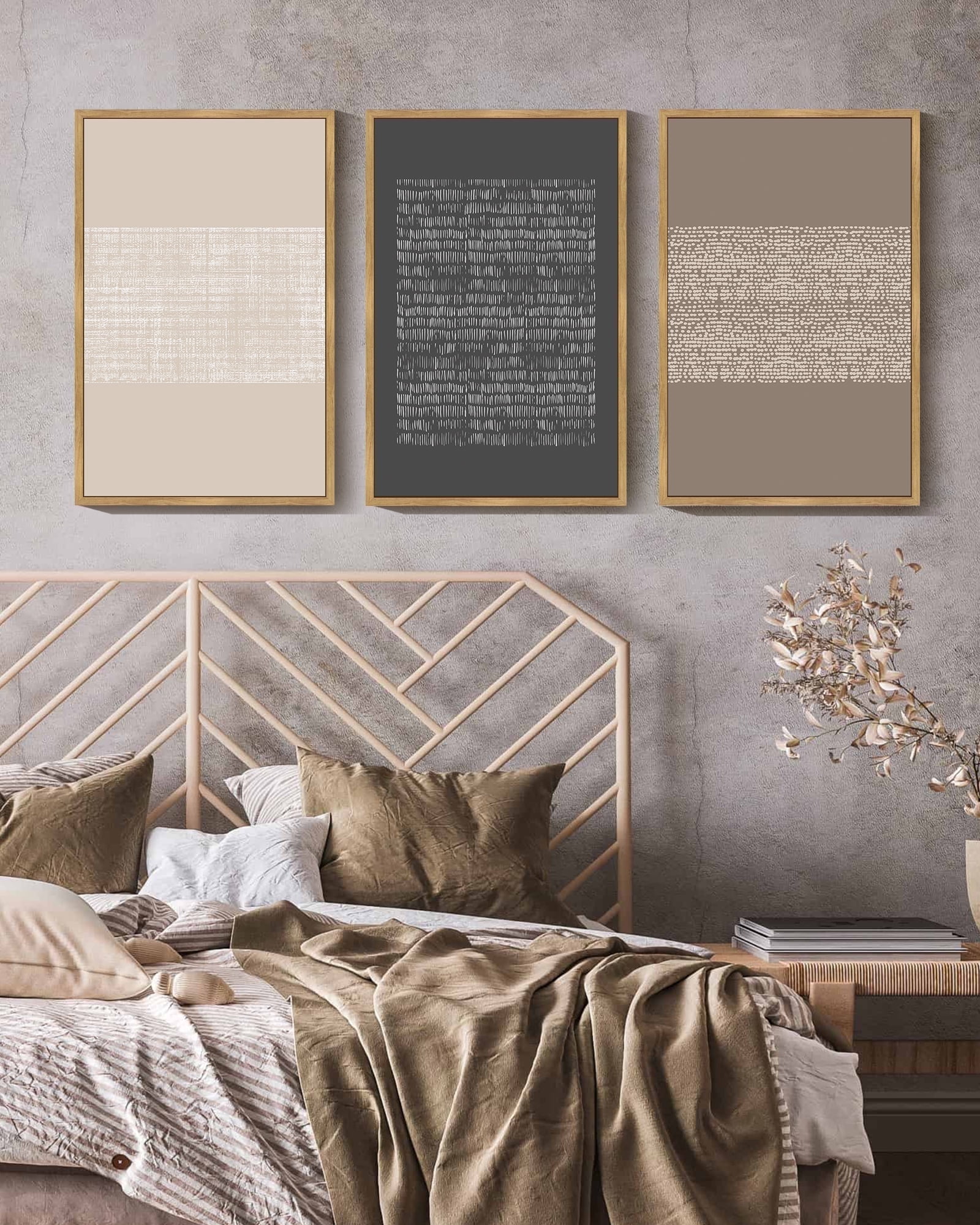 Drsoum 16x24in3pcs Brown Framed Boho Vintage Canvas Print Wall Art Geometric Pattern Abstract Shapes Modern Art