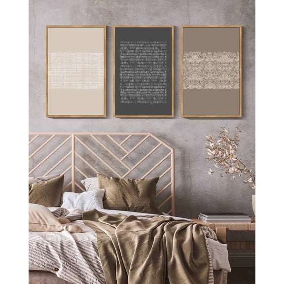 Drsoum 16x24in3pcs Brown Framed Boho Vintage Canvas Print Wall Art Geometric Pattern Abstract Shapes Modern Art