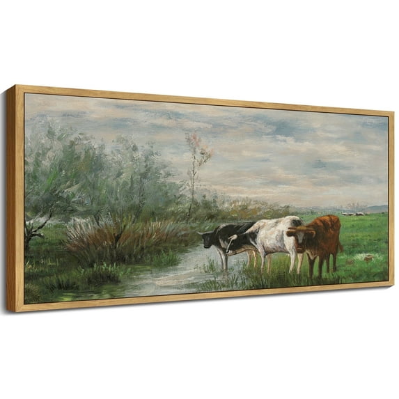 Drsoum 20x40in Natural Framed Vintage Landscape Large Canvas Wall Art Cow Farm Classic Wall Prints Modern Farmhouse Bathroom Office Decor