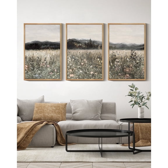 Drsoum 24x36in3pcs Large Natural Framed Vintage Landscape Wall Art Prairie in Full Bloom Wall Prints Classic Retro Farmhouse Decorations