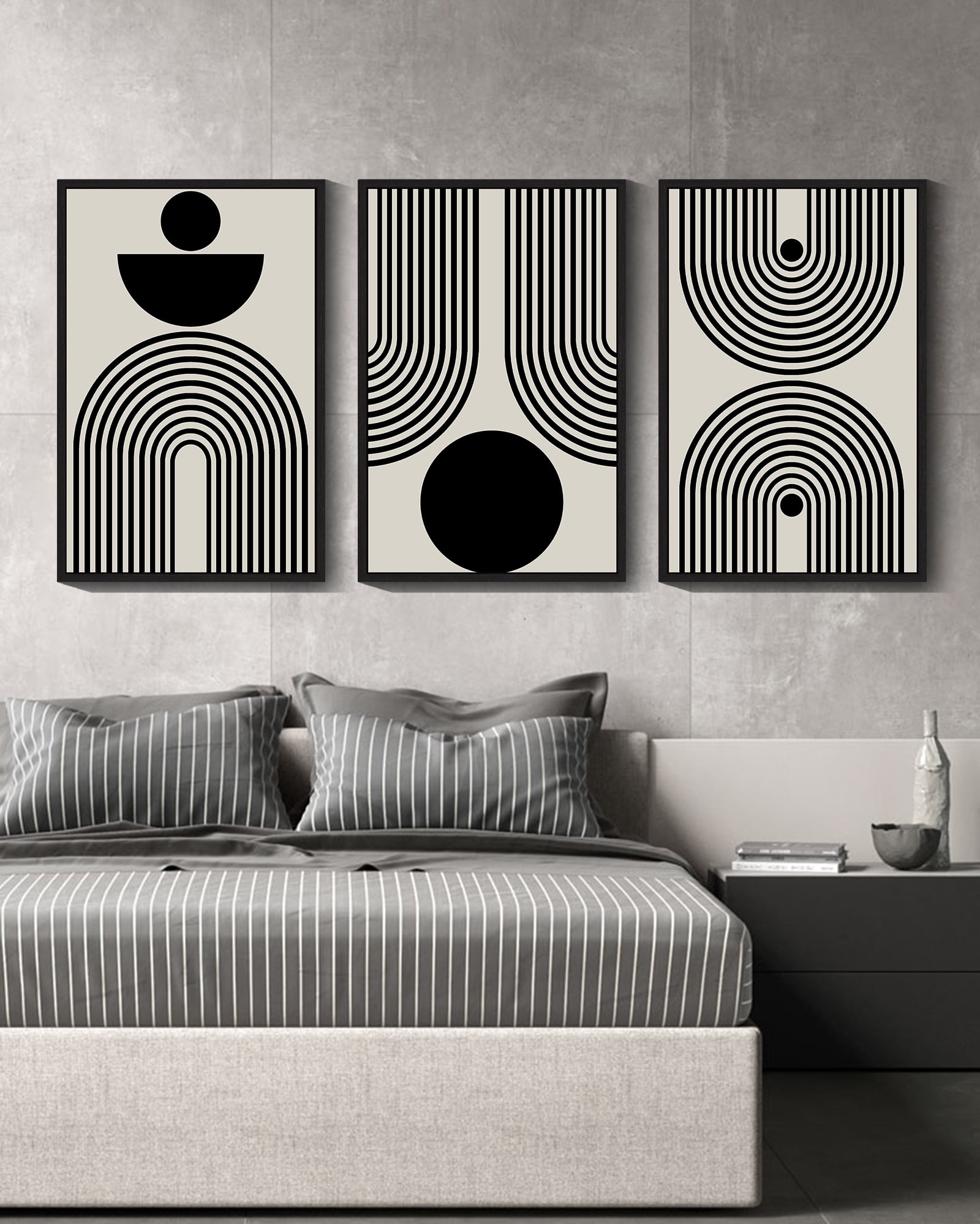 Drsoum Black Abstract Wall Art 24x36in3pcs Black Framed Geometry Large Minimalist Sun Lines Canvas Painting Artwork Living Room Bedroom Home Decor