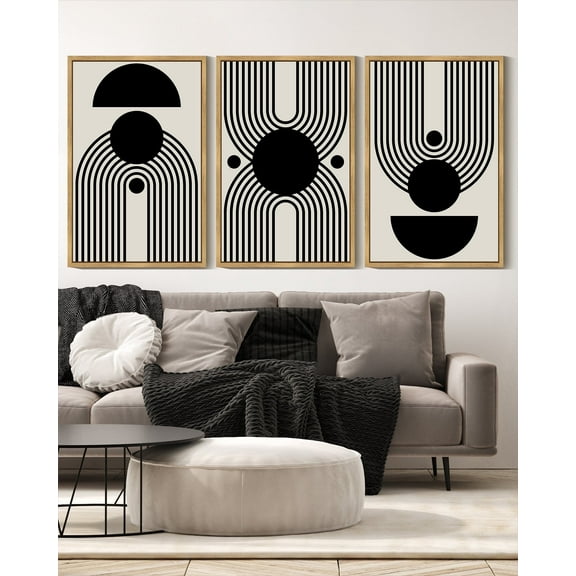 Drsoum Black and White Abstract Wall Art 16x24in3pcs Natural Framed Minimal Decor Duotone Dark Brush Stroke Prints Shapes Illustrations Modern Art Ready To Hang