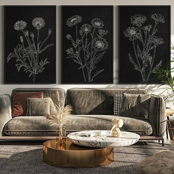 Drsoum Black White Flower Wall Art 24x36in3pcs Black Framed Vintage Minimalist Floral Wall Hanging Decor Bohemain Botanical Prints Artwork for Bedroom Living Room Hallway