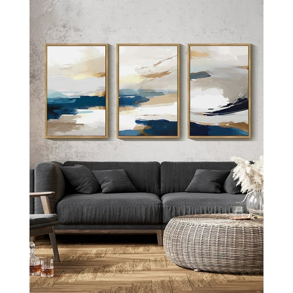 Drsoum Blue Abstract Wall Art 24x36in3pcs Large Natural Framed Modern Minimalist Painting Decor Graffiti Artwork