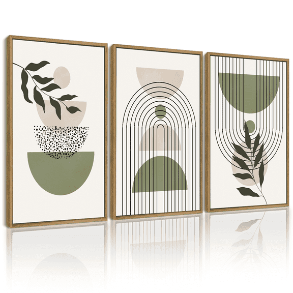 Drsoum Bohemia Art Modern Prints Framed Bohemain Printing Abstract with Leaf & Sun Lines Decor 11x14in3pcs Natural