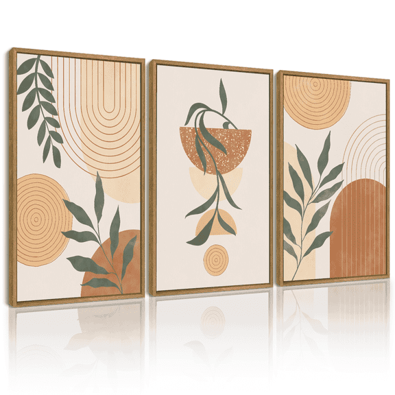 Drsoum Bohemia Wall Art Plant Boho Decor Room Mid Century Modern Abstract Sun Phases Painting 11x14in3pcs Natural Framed