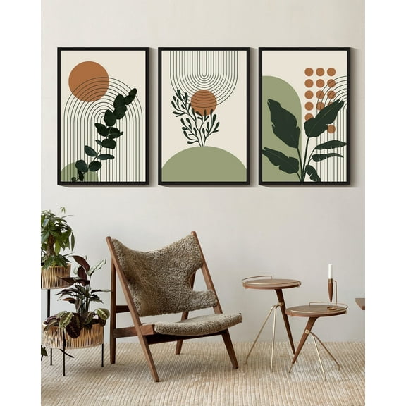 Drsoum Boho Plant Wall Art 24x36in3pcs Black Framed Bohemain Wall Printing Abstract Canvas Prints with Leaf & Sun Lines Bedroom Living Room Decor 