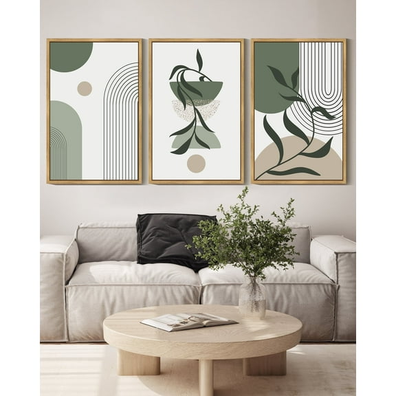 Drsoum Boho Wall Art 16x24in3pcs Natural Framed Green Modern Bohemia Abstract Geometry Prints for Bedroom