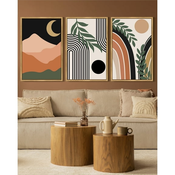 Drsoum Boho Wall Decor 16x24in3pcs Natural Framed Modern Botanical Wall Art Minimalist Bohemian Moon Phases Painting