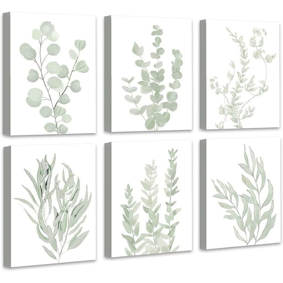 Drsoum Botanical Eucalyptus Light Green Boho Plant Canvas Framed Wall Art Decor 8"x 10" Set of 6
