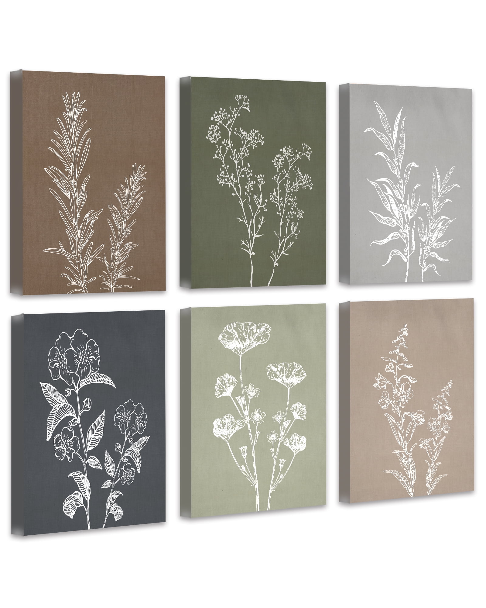 Vintage Botanical Boho Canvas Prints with Wood Frames, 8"x10", Set of 6