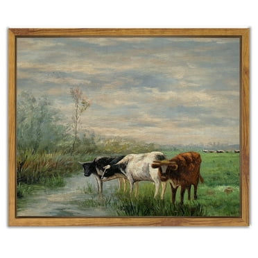 Drsoum Canvas Wall Art Vintage Classical Framed Paints Pastel Valley Cow Farm Field Landscape Nature Wilderness Room Decor for Hallway - 8x10in Natural Framed