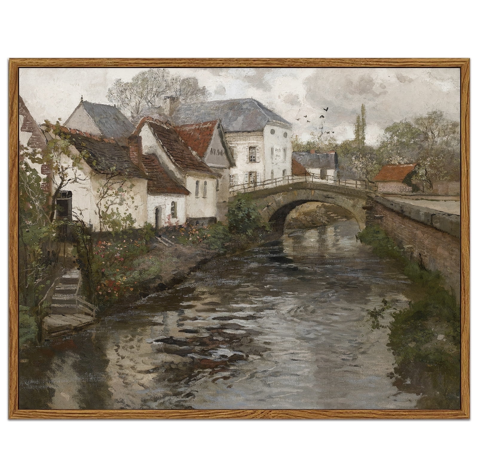 Drsoum Canvas Wall Art Vintage Framed Classical Painting 11x14in French Town Bridge Flowing Water Room Decor for Bathroom Bedroom Living Room - Natural Framed