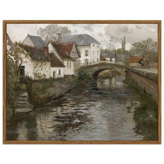 Drsoum Canvas Wall Art Vintage Framed Classical Painting 11x14in French Town Bridge Flowing Water Room Decor for Bathroom Bedroom Living Room - Natural Framed