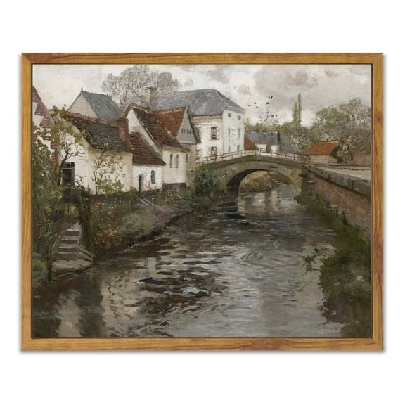 Drsoum Canvas Wall Art Vintage Framed Classical Painting French Town Bridge Flowing Water Room Decor for Bathroom Bedroom home Living Room - 8x10in Natural Framed