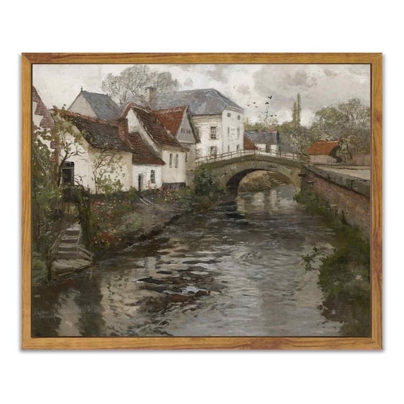 Drsoum Canvas Wall Art Vintage Framed Classical Painting French Town Bridge Flowing Water Room Decor for Bathroom Bedroom home Living Room - 8x10in Natural Framed
