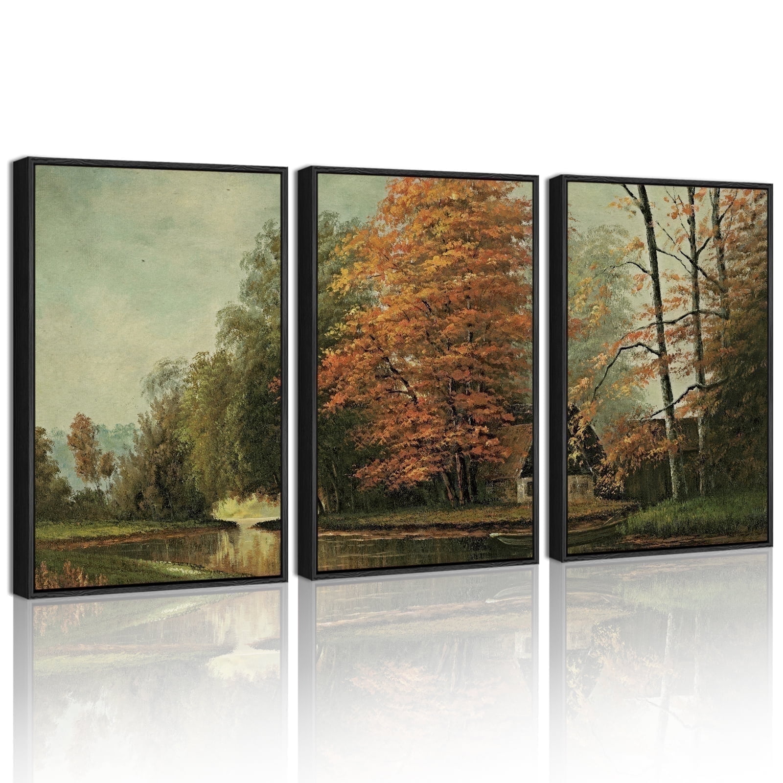 Drsoum Countryside River 16x24in Black Framed Vintage Landscape Framed Wall Art Retro Classic Farmhouse Paints Rustic