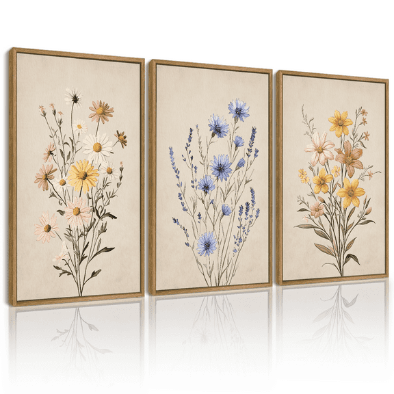 Drsoum Flower Wall Decor Colorful Botanical Pictures Art Bathroom Home Office 11x14in3pcs Natural Framed