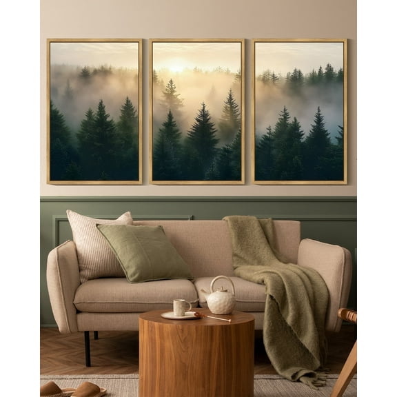 Drsoum Fog Pine Green Tree Forest Art 16x24in3pcs Natural Framed Nordic Modern Mountain Artwork Prints Decor