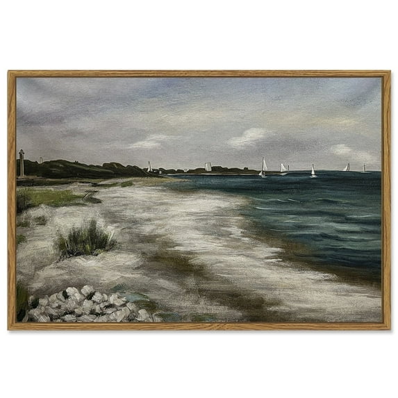 Drsoum Framed 24x36in Coastal Wall Art Vintage Classical Ocean Painting Rural Dining Room Bedroom Living Room Farmhouse Room Decor - Natural Framed