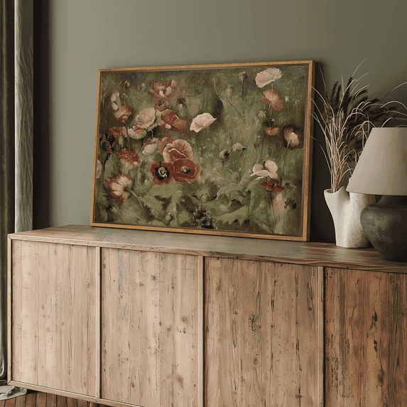 Drsoum Framed 24x36in Flower Canvas Wall Art Home Decor Vintage Classical Poppy Floral Prints Room Decor for Rustic Bathroom Bedroom - Natural Framed