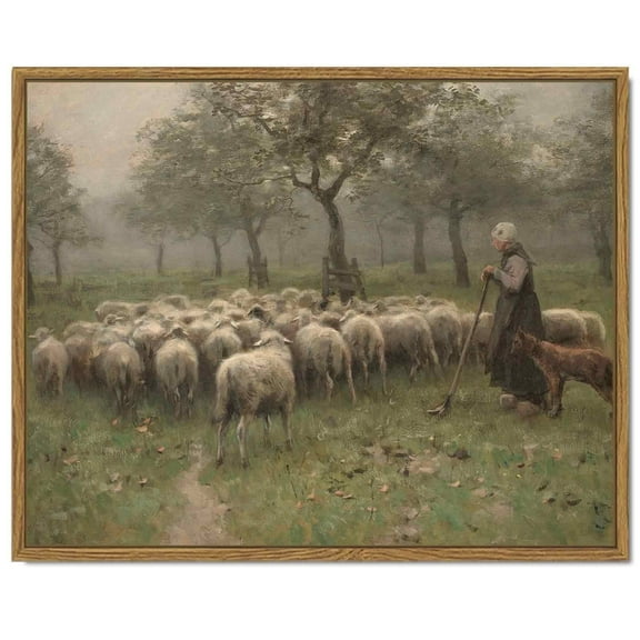 Drsoum Framed Canvas Wall Art Vintage Classical Oil Painting 11x14in Sheep Herds and Shepherds Room Decor for Bathroom Bedroom Living Room - Natural Framed
