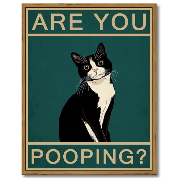 Drsoum Funny Black Cat Wall Art "Are You Pooping?" Vintage Bathroom Decor Poster Retro Gothic Home Decor 11x14in Brown Framed