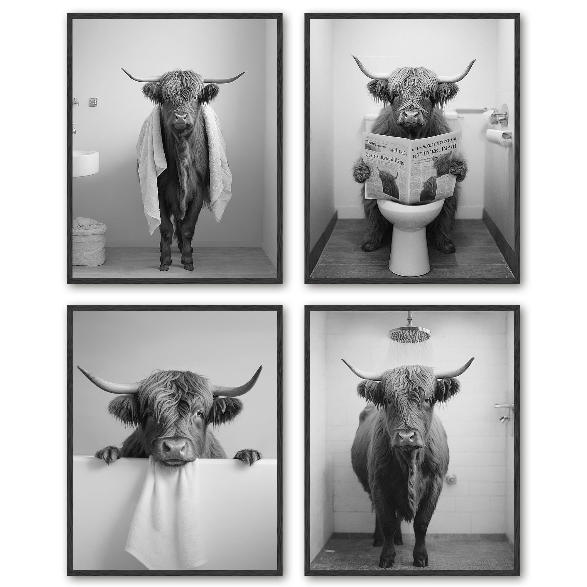 Drsoum Funny Highland Cow Bathroom Wall Ar Black and White Rustic Cute Bathroom Prints for Bathroom Restroom Decor 11x14in4pcs Black Framed