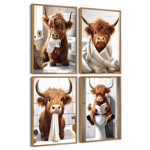 Drsoum Funny Highland Cow Bathroom Wall Art Rustic Cute Bathroom Canvas Prints for Bathroom Restroom Decor 11x14in4pcs Natural Framed