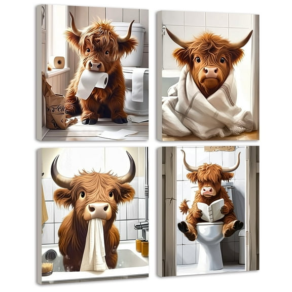 Drsoum Funny Highland Cow Bathroom Wall Art Rustic Cute Bathroom Canvas Prints for Bathroom Restroom Decor 8x10in4pcs Natural Framed