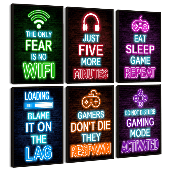 Drsoum Gamer Room Art for Boys Wall Art Neon Gaming Room Decor Game Poster Wall Decor Teenage Boy Room 8x10in6pcs Black Framed