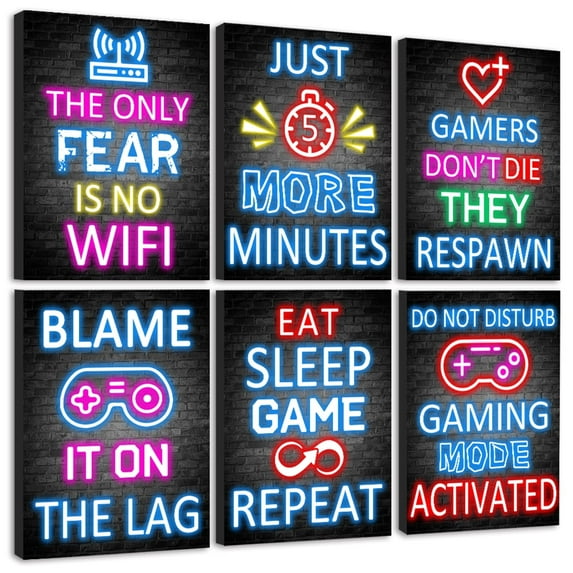 Drsoum Gamer Room Wall Art for Boys Gaming Neon Gaming Room Decor Gamer Decor Teenage Boy Room 8x10in6pcs Natural Framed