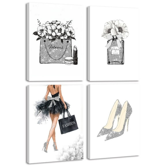 Drsoum Glam Black Fashion Ladies Canvas Wall Art Girly Beauty Makeup Room Decor 8x10in4pcs Natural Framed