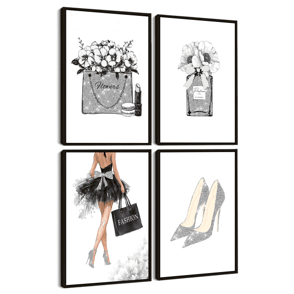 Drsoum Glam Black Fashion Ladies Wall Art Girly Beauty Makeup Room Decor 8x10in4pcs Black Framed