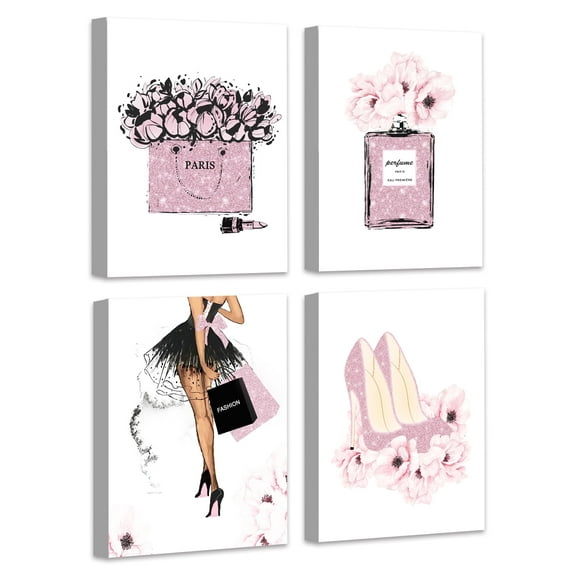 Drsoum Glam Pink Fashion Woman Framed Canvas Wall Art Girly Beauty Makeup Room Decor 8x10 in 4PCS
