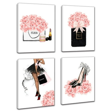 Drsoum Glam Pink Fashion Woman Framed Canvas Wall Art Girly Beauty Makeup Room Decor 8x10 in 4PCS
