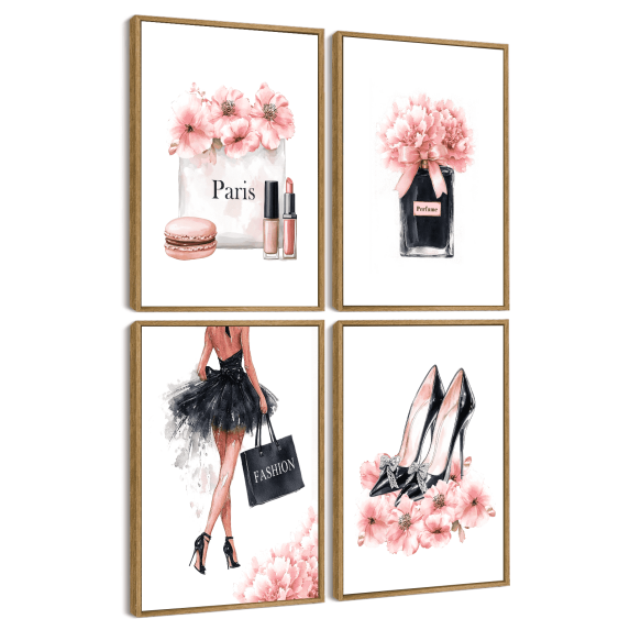 Drsoum Glam Pink Fashion Woman Wall Art Ladies Beauty Makeup Bathroom Decor 8x10in4pcs Natural Framed