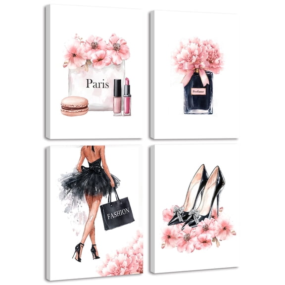 Drsoum Glam Pink Fashion Woman Wall Art Ladies Beauty Makeup Room Decor 8x10in4pcs Natural Framed